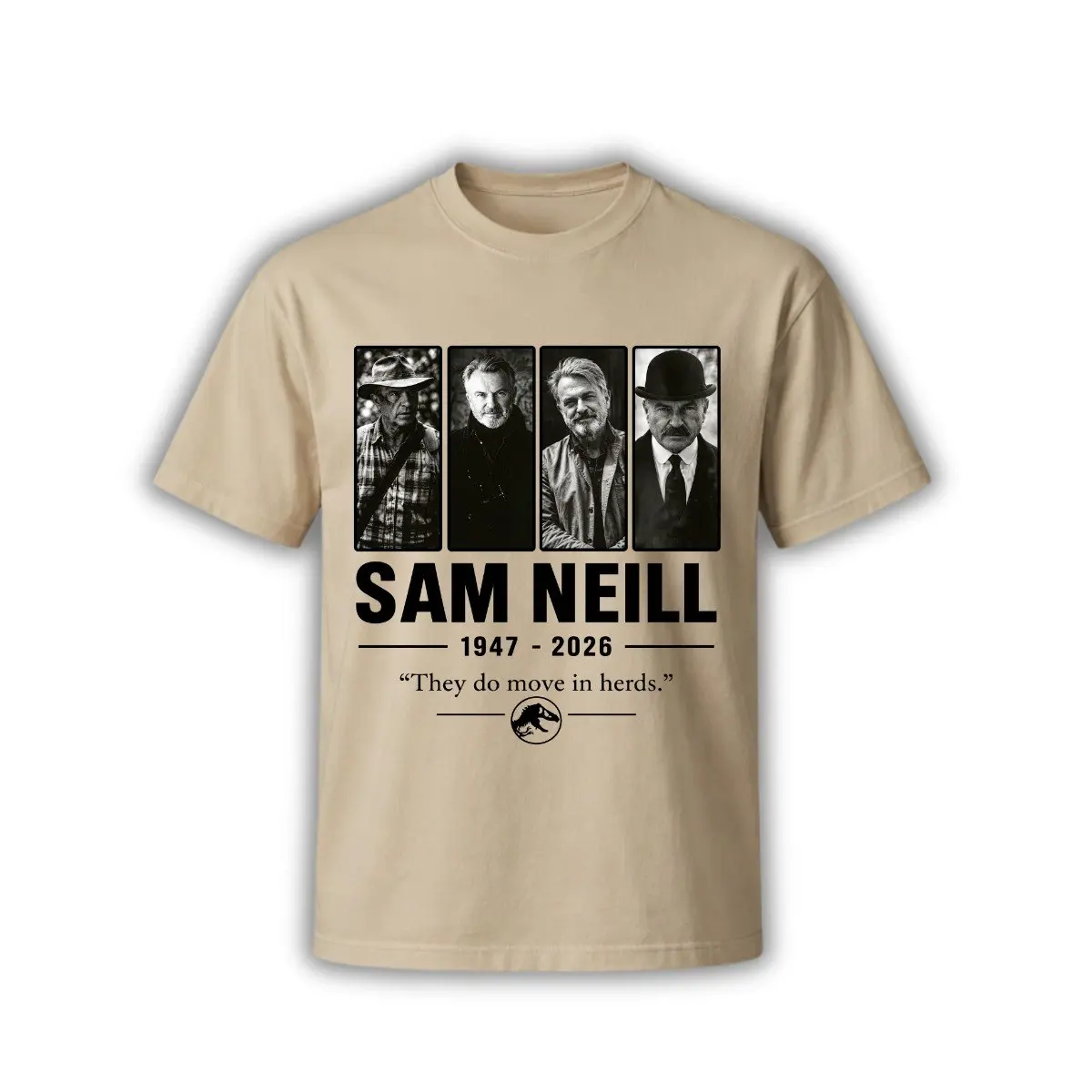 Sam Neill Memorial Tribute T-Shirt, 1947–2026 Classic Movie Actor Graphic Tee, They Do Move in Herds Vintage Film Fan Shirt