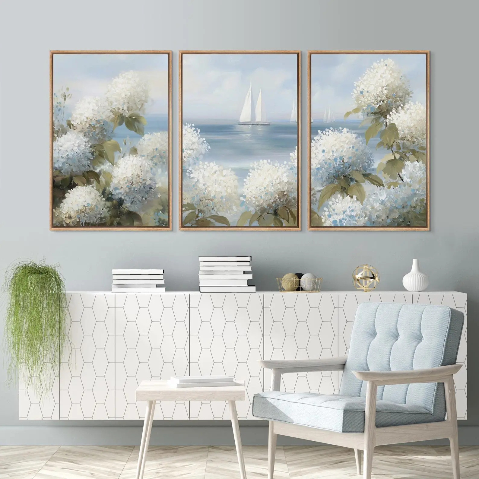 Set of 3 Blue Hydrangea Coastal Wall Art Poster, Sailboat Ocean Landscape Art Print, Summer Beach House Decor, Unframed Living Room Art