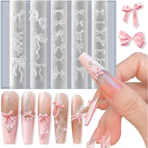 Bowknot Silicone Nail Molds, 3D Gel Nail Art Sculpture Bow Mold DIY Bow Charms for Nails Design Silicone Molds Cute Bows Nail Template Stencils Reusable Manicure Carved Mould Resin Mold