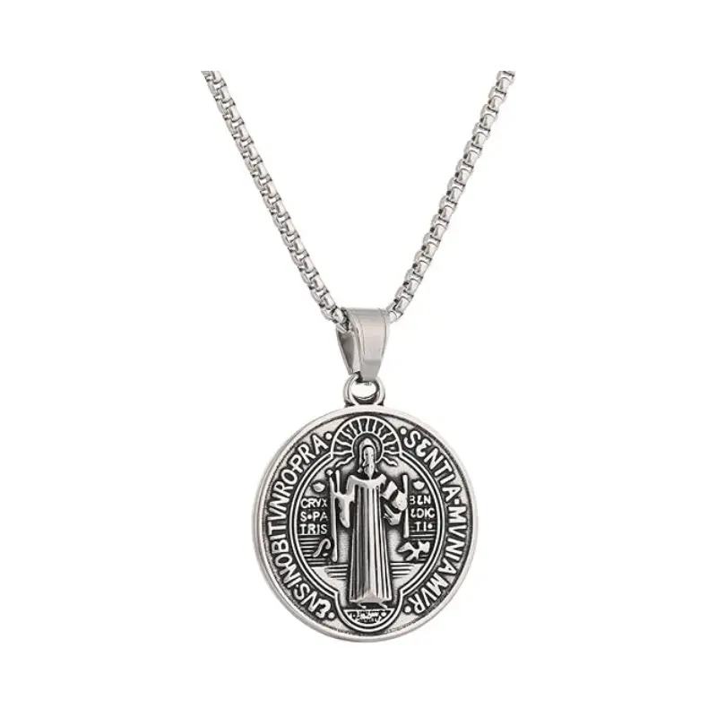 St Benedict Exorcism Medal Necklace - Stainless Steel, Unisex, Long Single Religious Christian Catholic Roman Cross Pendant Patron Saint Amulet Jewelry