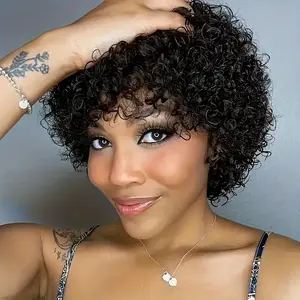OPQHAIR Short Curly Wigs for Women Human Hair Afro Natural Curly Wig Short Pixie Cut Human Hair Wig with Bangs Glueless Natural Color