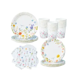 100pcs Floral Disposable Party Supplies Set, Festival Party Tableware, Includes Paper Plates Napkins Cups, Perfect for Guests and Events, Elegant Design Disposable Dinner Plates