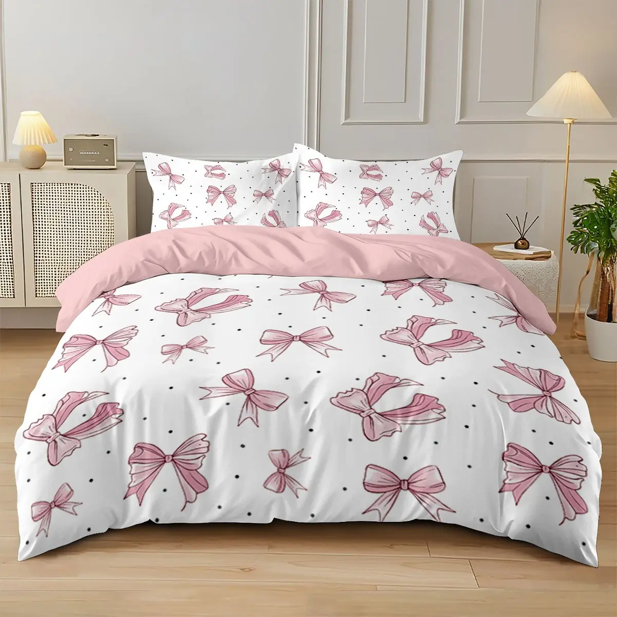 3-piece bedding set, Quilt cover set (1 duvet cover + 2 pillowcases, no insert) - Sweet pink Decorative duvet cover set with bow print, Soft and comfortable, suitable for room decor and all seasons, great gift, Bedroom Quilt Cover, Comfy bedding sets