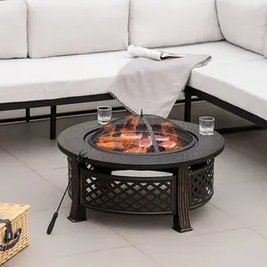 Outdoor Fire Pit with BBQ Grill & High-temp Resistance Finish - 3-in-1 Design for Heating, Barbecue, and Ice Pit - Safe Mesh Cover & Poker - Premium Steel Construction - Easy Assembly & Maintenance - Ideal for Patio, Garden, and Backyard