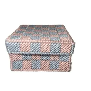 Handmade Plastic Canvas Box with Yarn, Blue and Pink Color, square Design, Soft and Textured Finish