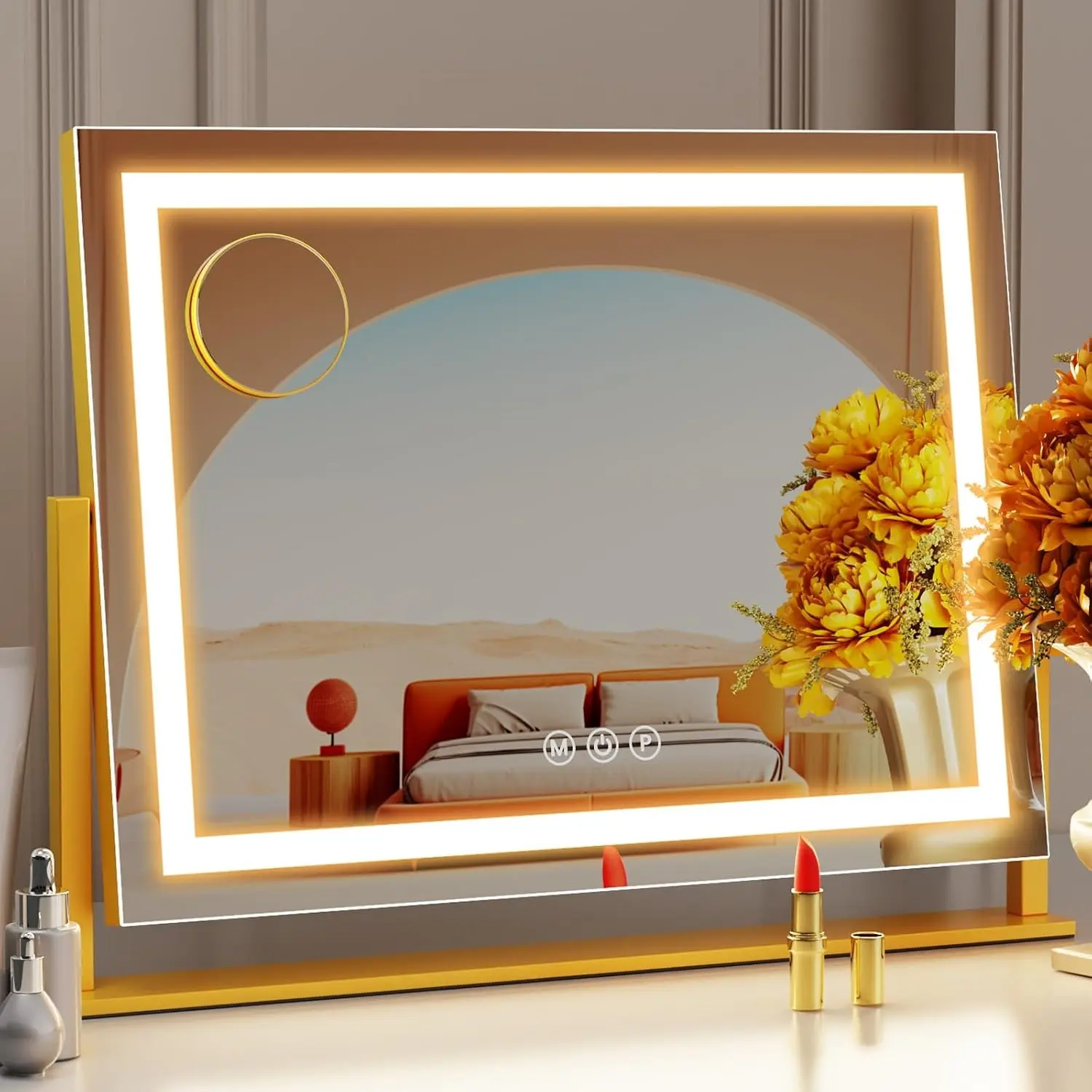 Gvnkvn Lighted Makeup Mirror, 17.3"x13" Hollywood Vanity Mirror with Lights, Three Color Lighting Modes, and 5X Magnification Mirror, Smart Touch Control, 360°Rotation (Gold,17.3in Gift Box)