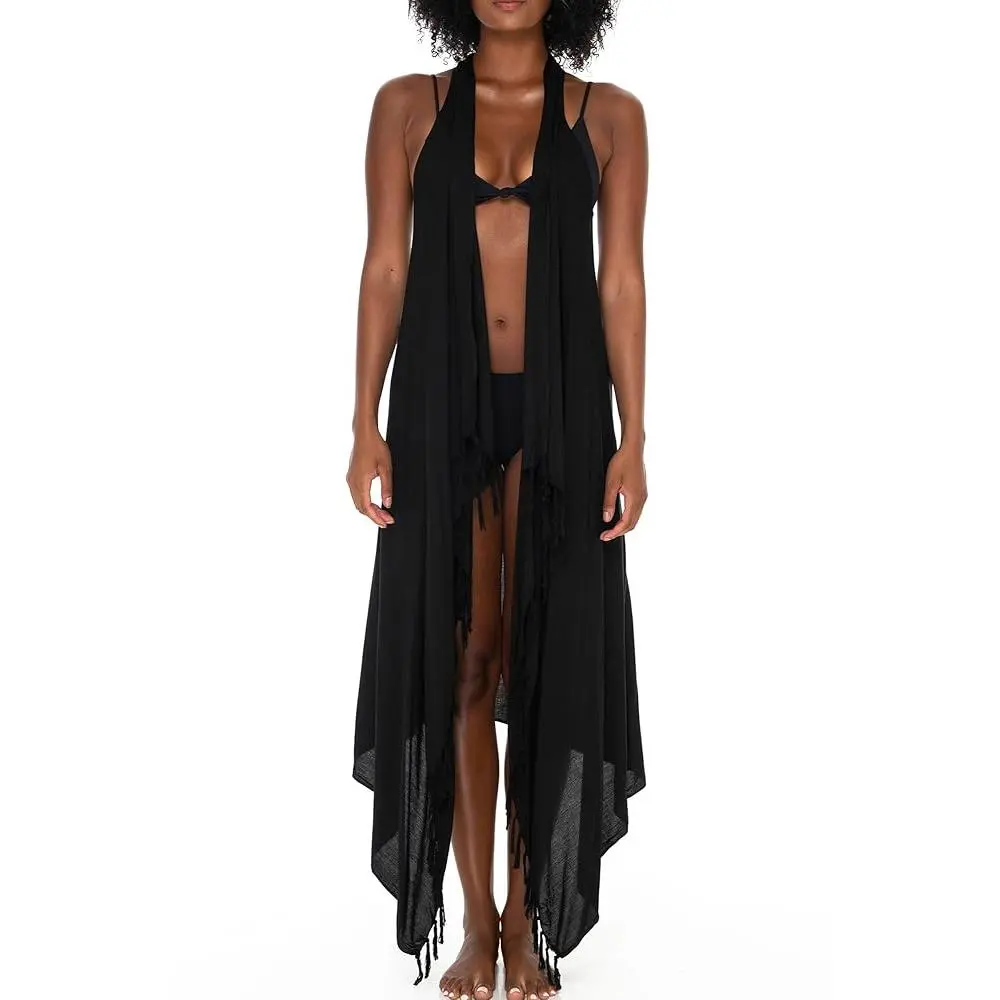 SHU-SHI Vibrant Sleeveless Long Vest for Women with Fringe - Summer Kimono Duster and Beach Cover Up