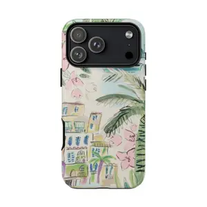 French Beach Town Design iPhone Case – Pastel Coastal Village & Sailboat Art Glossy Tough Case for iPhone 11–17 Pro Max & S26 S25 S24 S23 S22, Summer Aesthetic Phone Cover