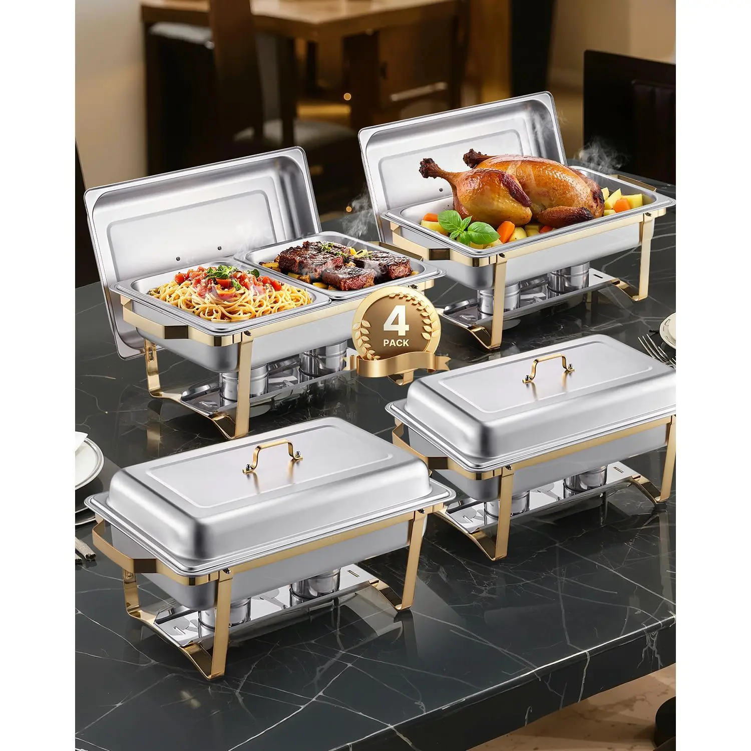 【SummerFinds】VEVOR C8 Qt 4 Pack Rectangle Chafing Dish Buffet Set Full-Size & Half-Size Pans Gold