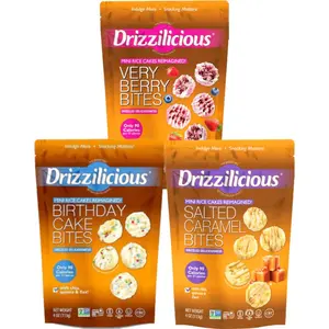 Drizzilicious Sweet Snack Variety 3-Pack - Salted Caramel, Birthday Cake & Very Berry - Vegan Gluten-Free Non-GMO Mini Rice Cakes - 90 Calories & 5g Sugar per Serving - Perfect for Kids & Adults - Dessert