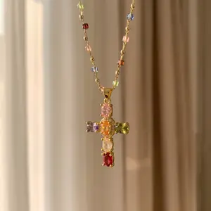Y2K 18K Gold Plated Necklace Pendant Necklaces Rainbow CZ Triple Cross Pendant DIY Dainty Everyday Gift Idea Cross Design Pendant Vintage Glam & Y2K Vibes for Women Girls Colorful Sparkle Perfect for Daily Outfits Church & Festivals