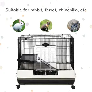 26 Inch Small Animal Cage On Wheels, Double Decker Portable Rabbit Cage, Chinchilla Ferret Cage With Removable Tray, Platform And Ramp
