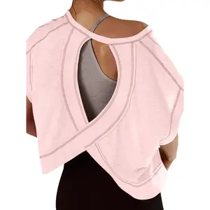 Women’s casual short-sleeved T-shirt, solid-color backless crisscross top, hollow-out sportswear, suitable for gym and everyday wear—fashionable women’s apparel