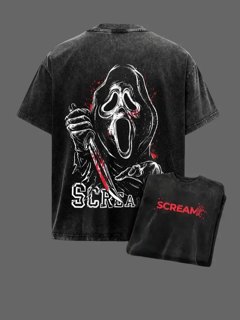 Ghost Face Scream Vintage Acid Wash T-Shirt, Double Sided Horror Movie Graphic Oversized Unisex Tee, Retro Scary Streetwear Cotton Top for Halloween