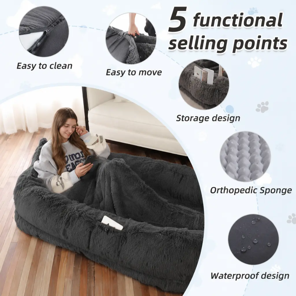 Large Human Dog Bed for Adult Faux Fur Washable Human Dog Bed Portable Handle, Egg Orthopedic Foam Human Bed Extra Large with Present Blanket Grey