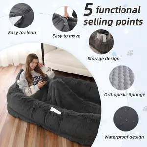 Large Human Dog Bed for Adult Faux Fur Washable Human Dog Bed Portable Handle, Egg Orthopedic Foam Human Bed Extra Large with Present Blanket Grey