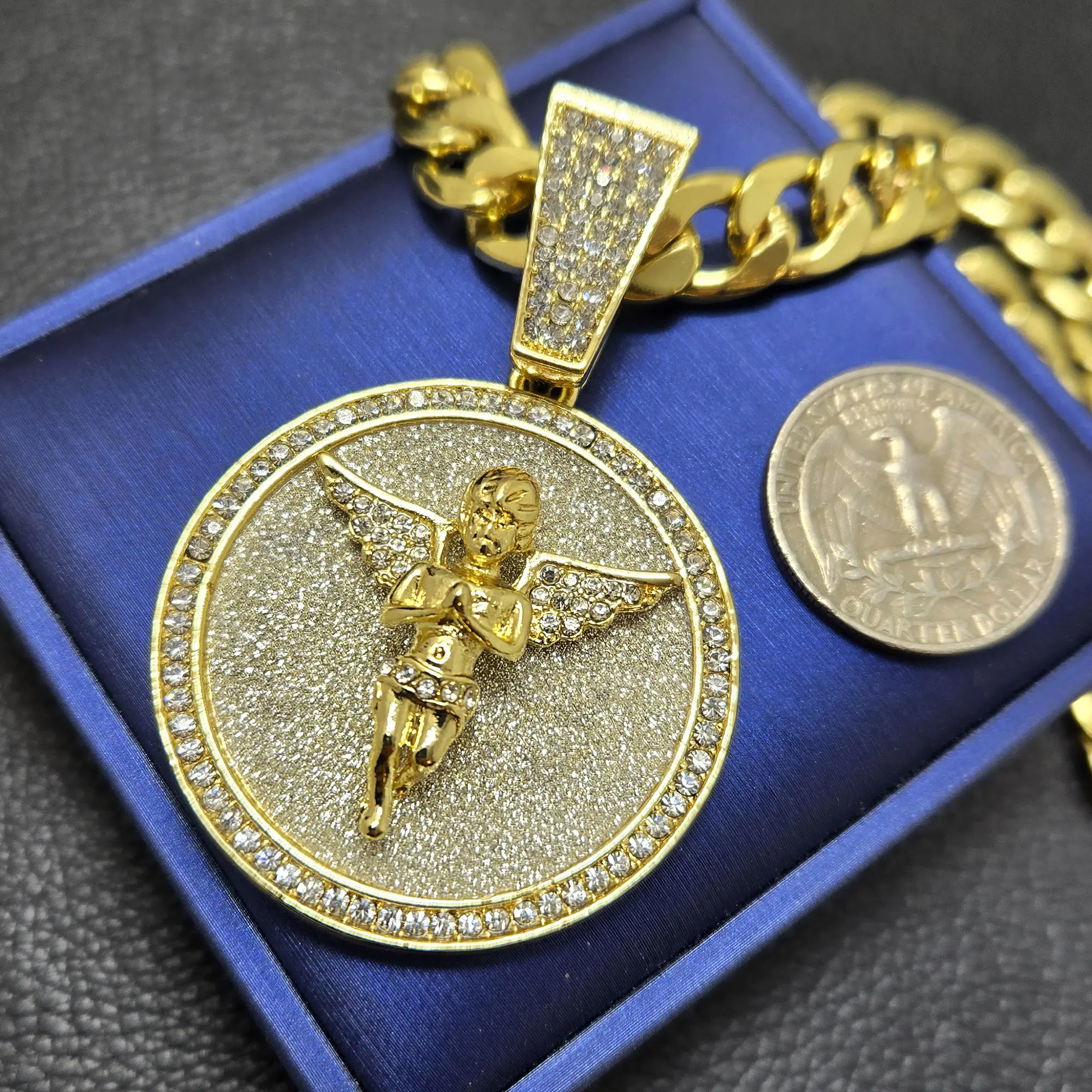 MaxBling81 Large Baby Angel Round Medal Pendant Statement Necklace, 10mm Iced Gold-Plated Cuban Rope Chain, High-Quality Hip Hop Zircon, 18"-30" Men's Fashion Costume Jewelry Accessory, Embellished Chain Necklaces