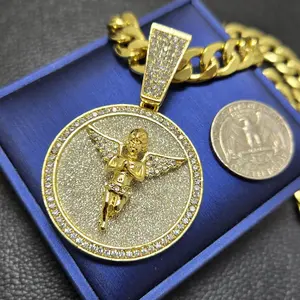 Large Baby Angel Round Medal Pendant & 10mm 18" 20" 24" 30" Iced Cuban Chain Hip Hop Necklace Jewelry Accessory for Men