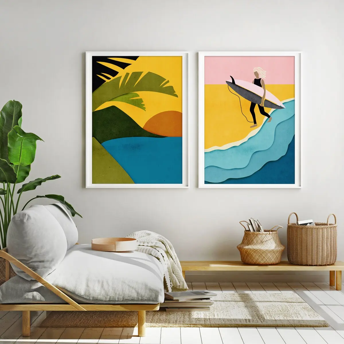 Hawaii Summer, Surfer Bliss Vintage Poster Set, Tropical Heaven, Surfer Girl Poster, Surf Sport Art, Hawaii Surfing Print, Beach Surf Set, Room Decor, Unframed – 5 Size, 8x12 to 27x40 inch