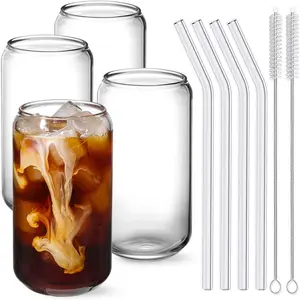 Drinking Glasses with Glass Straw 4pcs Set - 16oz Highball Glass Cups for Beer Iced Coffee Whiskey Soda Tea Water Gift with 2 Brushes Durable Lead-free BPA-free