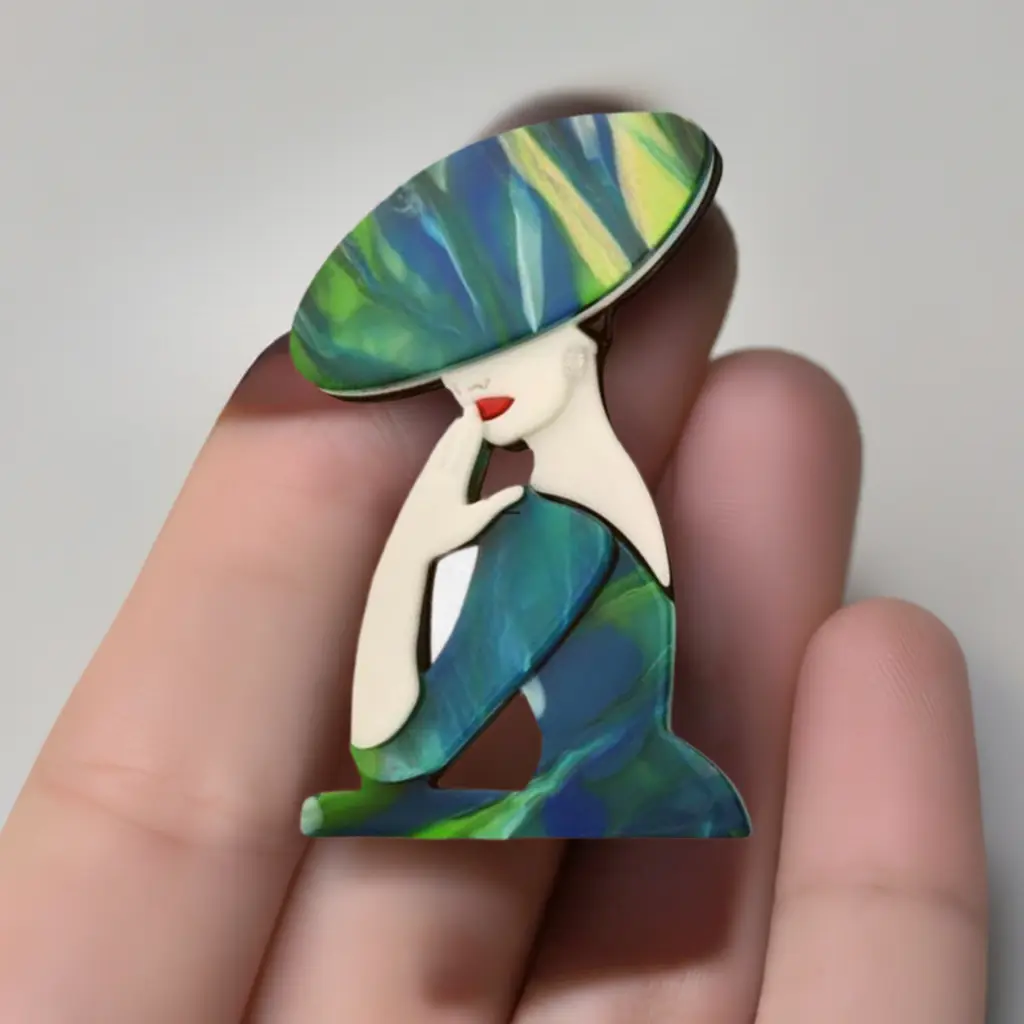 Elegant Modern Large Green Hat Lady / Pink Hat Lady Acrylic Brooch Pin - Elegant Design with Smooth Finish