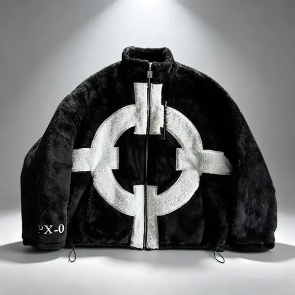 Unisex Graphic Sherpa Jacket, Y2K Streetwear Oversized Zip Up Fuzzy Fleece Winter Coat, Cozy Cool Style Fall Winter Outerwear Black