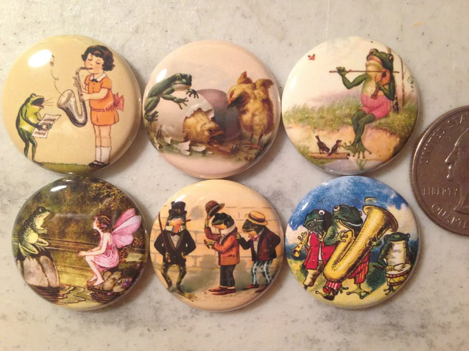 6 Frog and Toad (vintage images) magnets, pinbacks, flatbacks