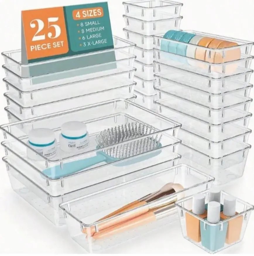 8/25Pcs Clear Stackable Drawer Organizer Trays,4 Sizes Plastic Storage Bins with Non-Slip Bottom for Makeup,Jewelry,Utensils & Stationery,Home Sorting Trays for Women,Students,Dorms,Apartment,Bathroom,Kitchen,Vanity & Office Use