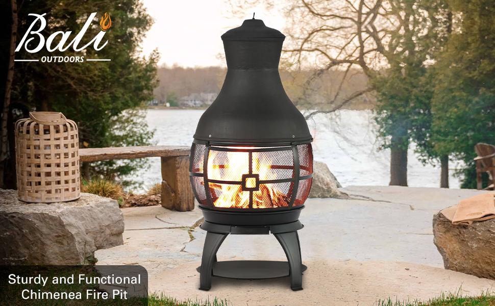 BALI OUTDOORS 45-Inch Wood Burning Chimenea Fire Pit – Outdoor Fireplace, Brown-Black