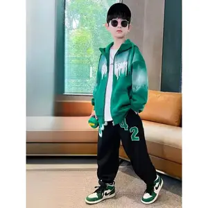 Boys' Streetwear Hooded Tracksuit Set - Green & Black Hooded Zip-Up Jacket with White Graffiti Prints & Black Sweatpants with Bold Graphics