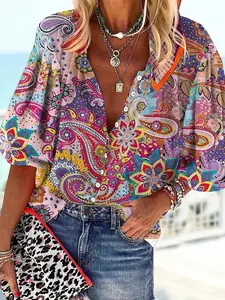 [Plus Size] All Over Paisley Floral Print Button Front Fitted Blouse, Going Out Tops, Boho Bishop Sleeve Notched Neck Graphic Top for Spring & Fall, Women's Plus Clothes for Daily Wear, Casual Clothing, Casual Fashion Wear
