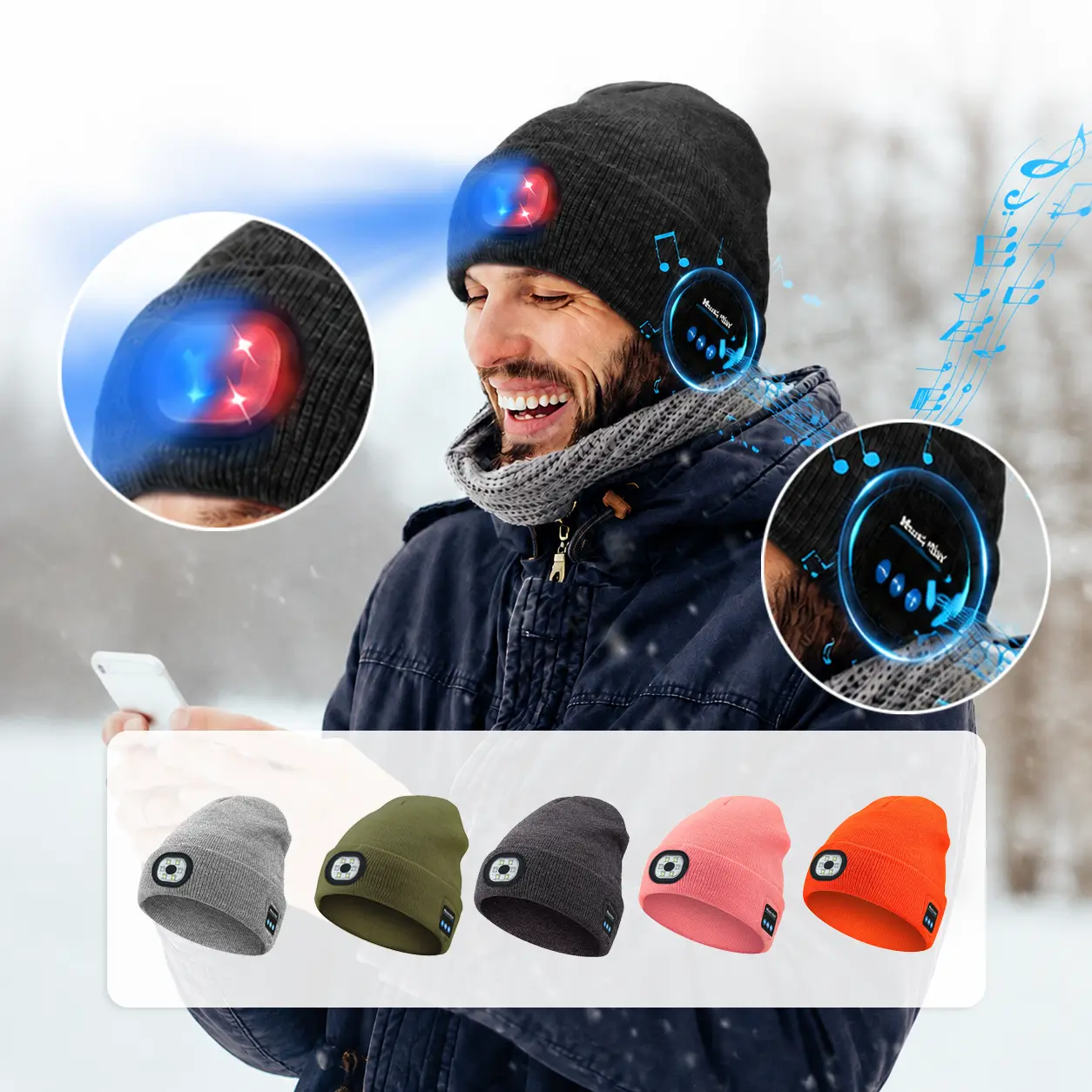 Rechargeable LED Light Beanie Hat with Bluetooth Headphones - Red/Blue Strobe Mode Headlamp, Warm Winter Music Cap for Night Running, Fishing