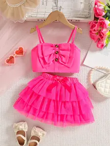 Baby girl summer two-piece bright pink suspender bow short top paired with multi-layer gauze skirt, sweet and eye-catching party outfit  baby clothes. Costume Romper