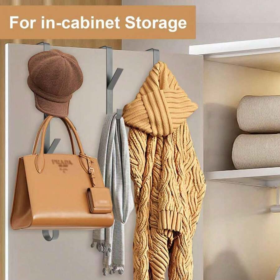 1pc/2pcs Carbon Steel Over-The-Door Hook - Heavy Duty Metal Multipurpose Towel Rack| Space-Saving Vertical Design Storage Hanging Hook Rack| Bathroom Over-The-Door Towel Hanger, Titanium Color, No Drilling Required, Suitable For Bedroom