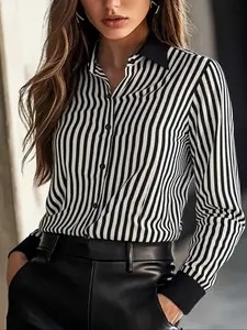 Women's Striped Print Button Colorblock Shirt, Casual Collar Long Sleeve Top, All-Season Fitted Blouse for Daily Outdoor Business Wear