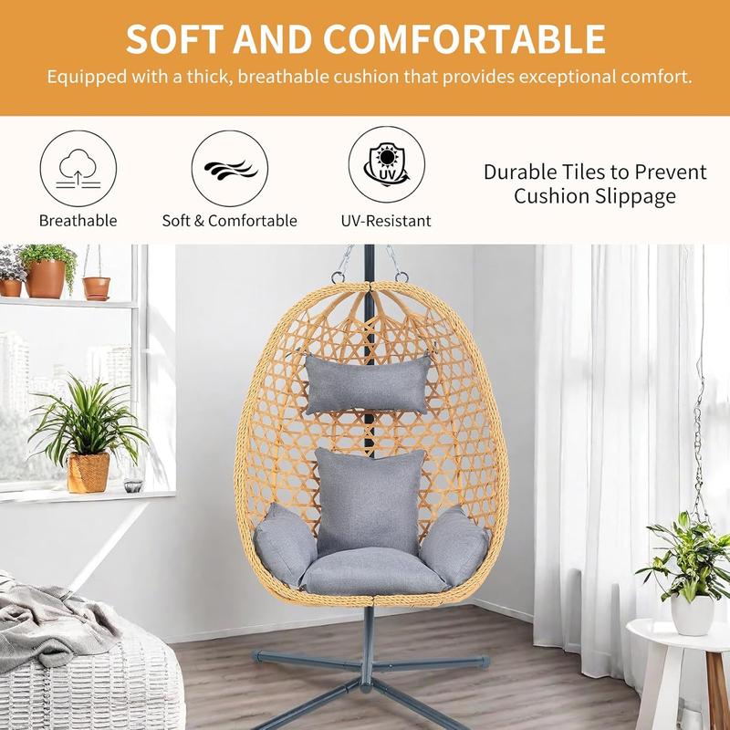 EortheX Hanging Egg Chair with Cushions – Comfortable Rattan Swing Chair with Stand for Patio, Garden, or Balcony – Stylish and Relaxing Outdoor Lounge Chair, 350LBS Capacity Indoor Outdoor