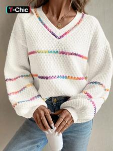 chic loose-fit ombre striped v neck long sleeve drop shoulder knit sweater for women, casual fashion for spring and fall, feminine moderate thickness sweater, knitwear