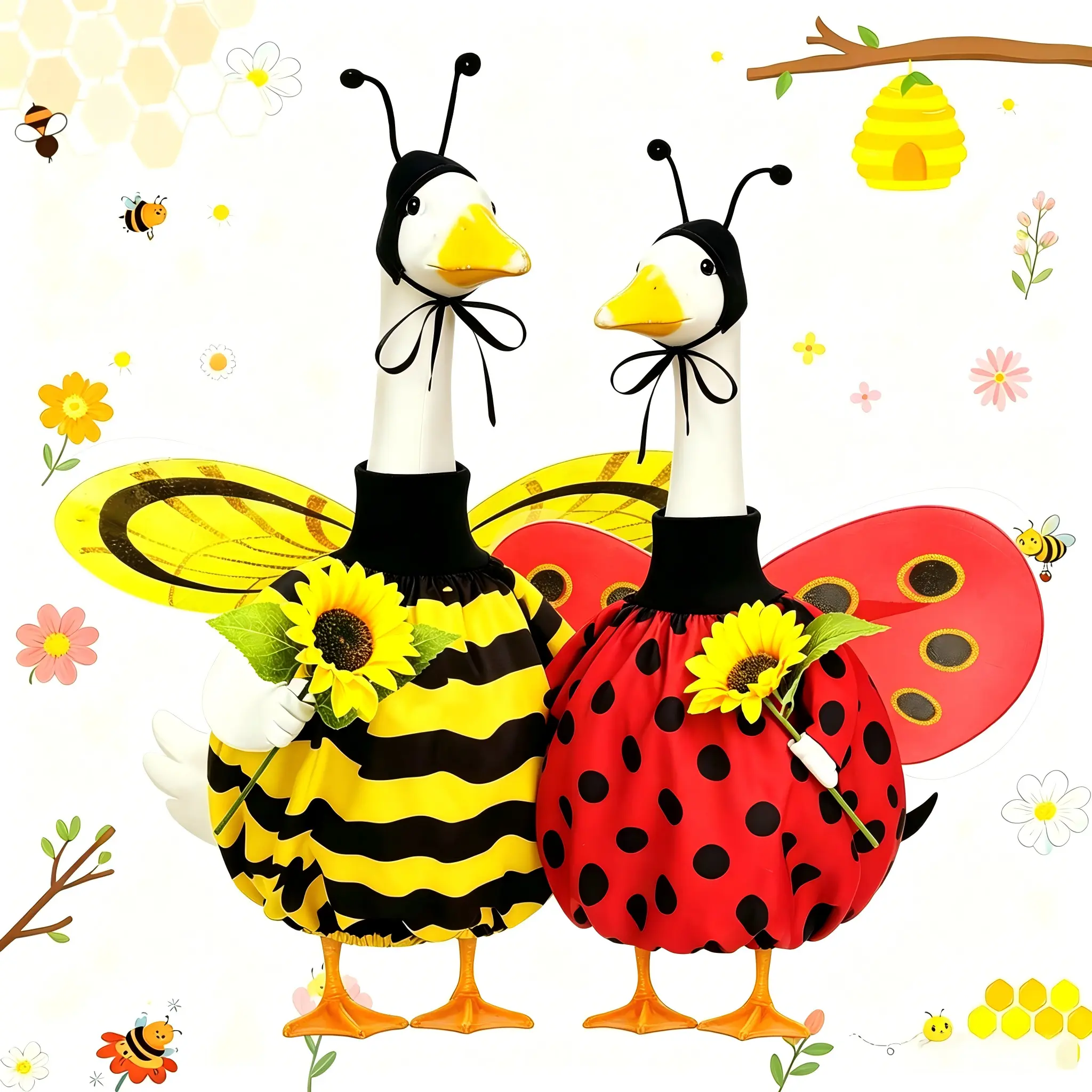 23 Inch Bumble Bee & Ladybug Goose Outfits, 2 Sets Spring Garden Insect Costumes with Wings, Antennae & Sunflower Props, Porch Goose Clothes for 23" Lawn Goose Statue (Goose Not Included)