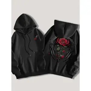 Rose Wings Graphic Print Hoodie, Drawstring Casual Hooded Sweatshirt For Winter And Autumn, Women's Clothing Womenswear Tops
