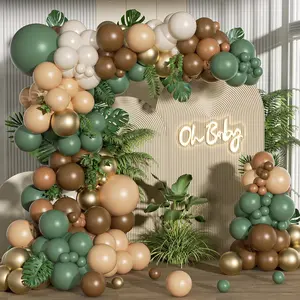 152pcs Sage Green Brown Balloon Garland Kit, Jungle Safari Woodland Balloon Arch Kit with palm leaves artificial Ivy leaves for Two Wild One Birthday Wedding Shower Party Decorations