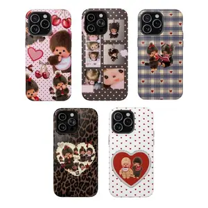 Monchhichi Phone Case, Cute Vintage Doll Phone Case, Retro Kawaii Aesthetic, Heart, Cherry & Plaid, Girly Soft Case Suitable for iPhone 17-11 Pro Max/Plus and  Samsung Galaxy S23-25