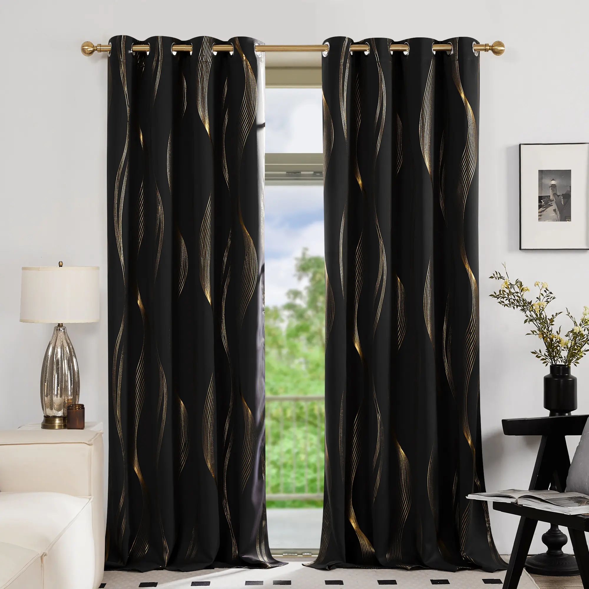 Deconovo Blackout Home Decorative Curtains - 2 Panels with Golden Wave Stripe All-Over Print, Durable Modern Thermal Insulated Soundproof Grommet Drapes, Hand-Wash Only Privacy Covers for Living Room, Bedroom, Home Decorative Curtain