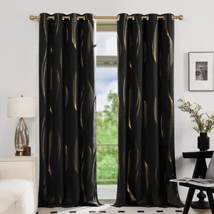 Deconovo Blackout Curtains - 2 Panels with Golden Wave Stripe Print, Thermal Insulated & Soundproof Blackout Window Cover, Privacy Grommet Drapes for Living Room, Bedroom, Privacy Grommet Curtains