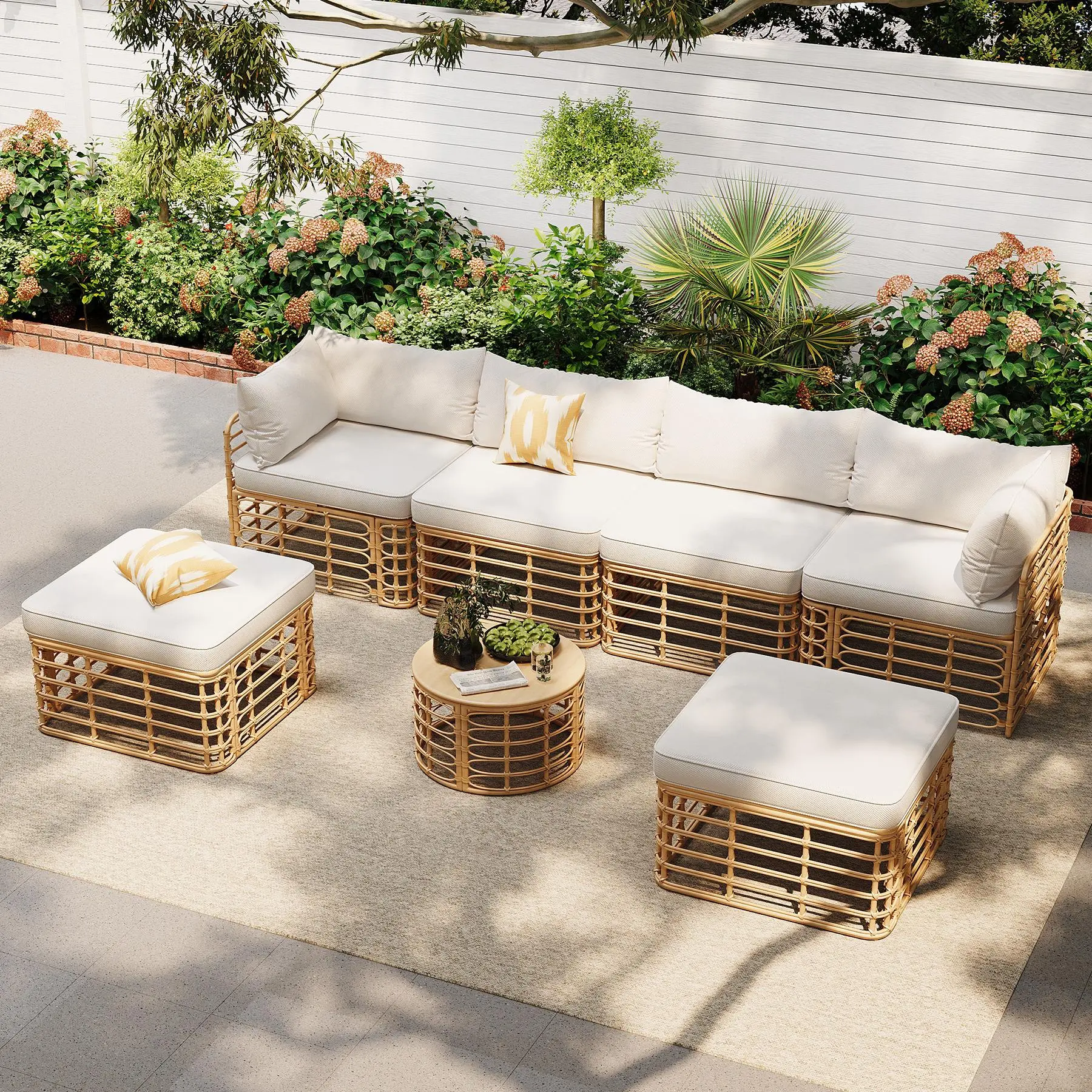 7-Piece Brown Patio Furniture Set – All-Weather Rattan Modular Sectional Sofa with Oversized Padded Cushions & Decorative Pillows, Freely Arranged Seating for Garden, Backyard, Balcony, and Outdoor Entertaining