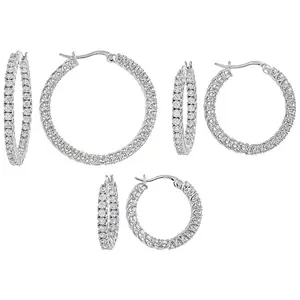 JTV White Cubic Zirconia Rhodium Over Sterling Silver Hoop Earrings- Set of 3 6.22ctw
