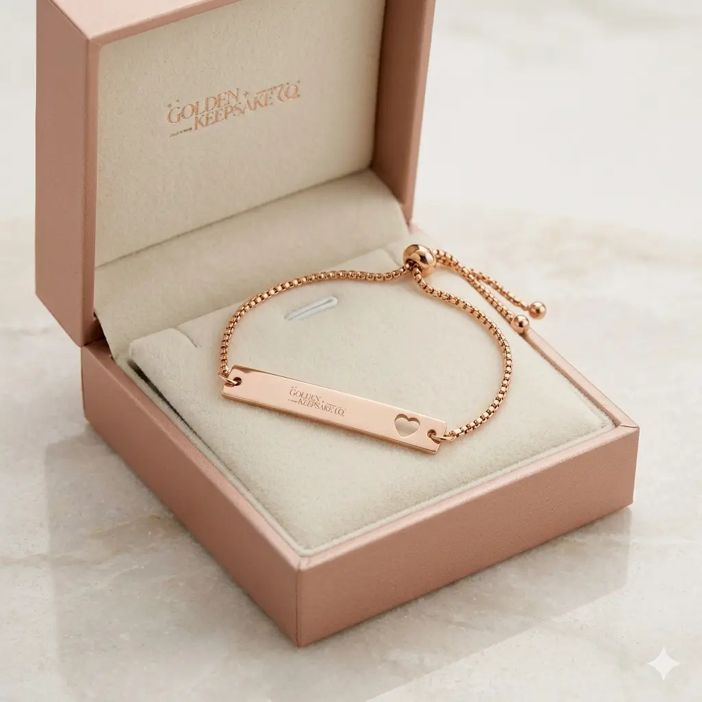 Engravable Heart Cutout Bar Bracelet – Adjustable Rose Gold Personalized Gift