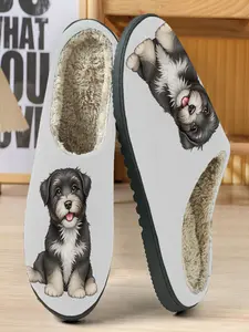 Cute Schnauzer Theme Cotton Slippers, Light Base Color, Soft Plush Inner, Casual Home Wear, Fall & Winter, Pet Lover Gift