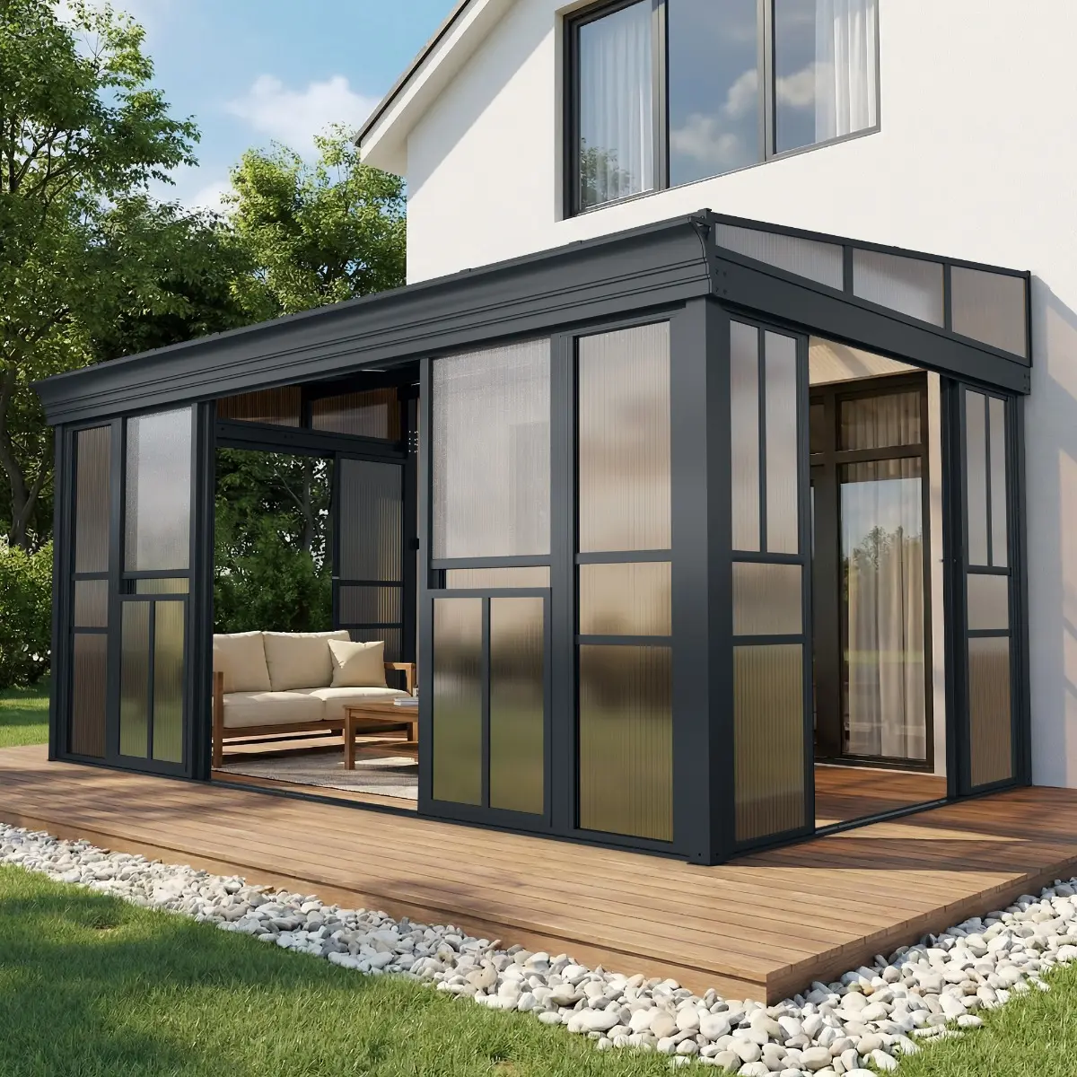 10 X 16ft Sunroom Gazebo, Lean-to Outdoor Solarium, Enclosed Patio Shelter with Sliding Doors, Polycarbonate Roof and Gray-Tinted Panels, Aluminum Frame for Backyard
