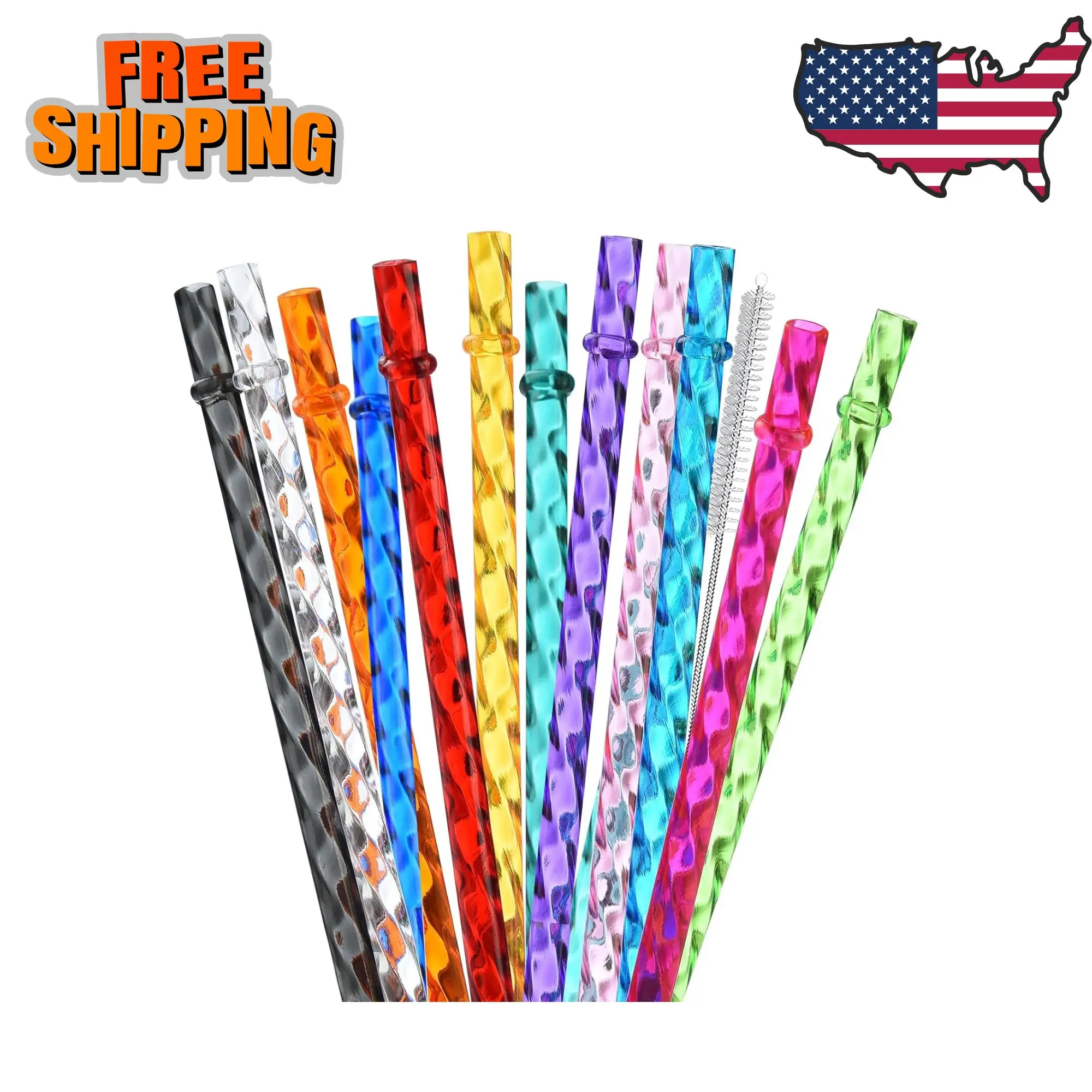 12-Pack Reusable Plastic Colorful Swirl Straws, 11 Inch Long PETG Clear