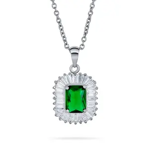 Art Deco Green Baguette CZ Emerald Cut Pendant Necklace